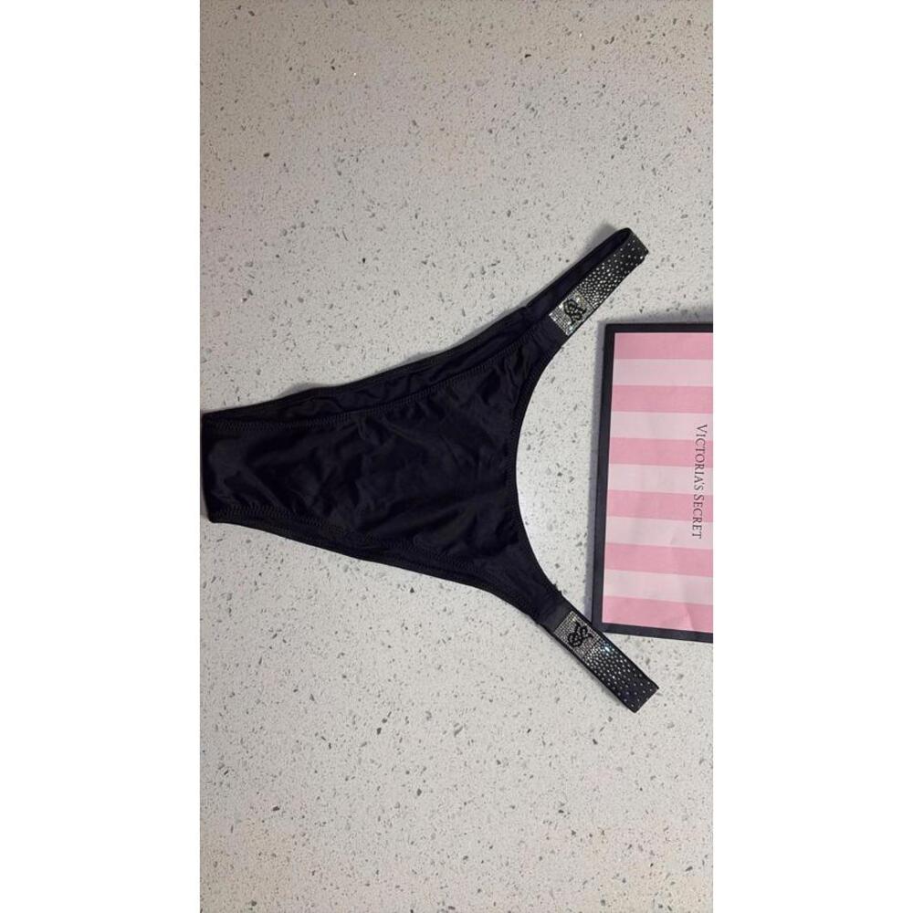 Victoria's Secret Black Shine Strap Brazilian Thong Panty Size M NWT